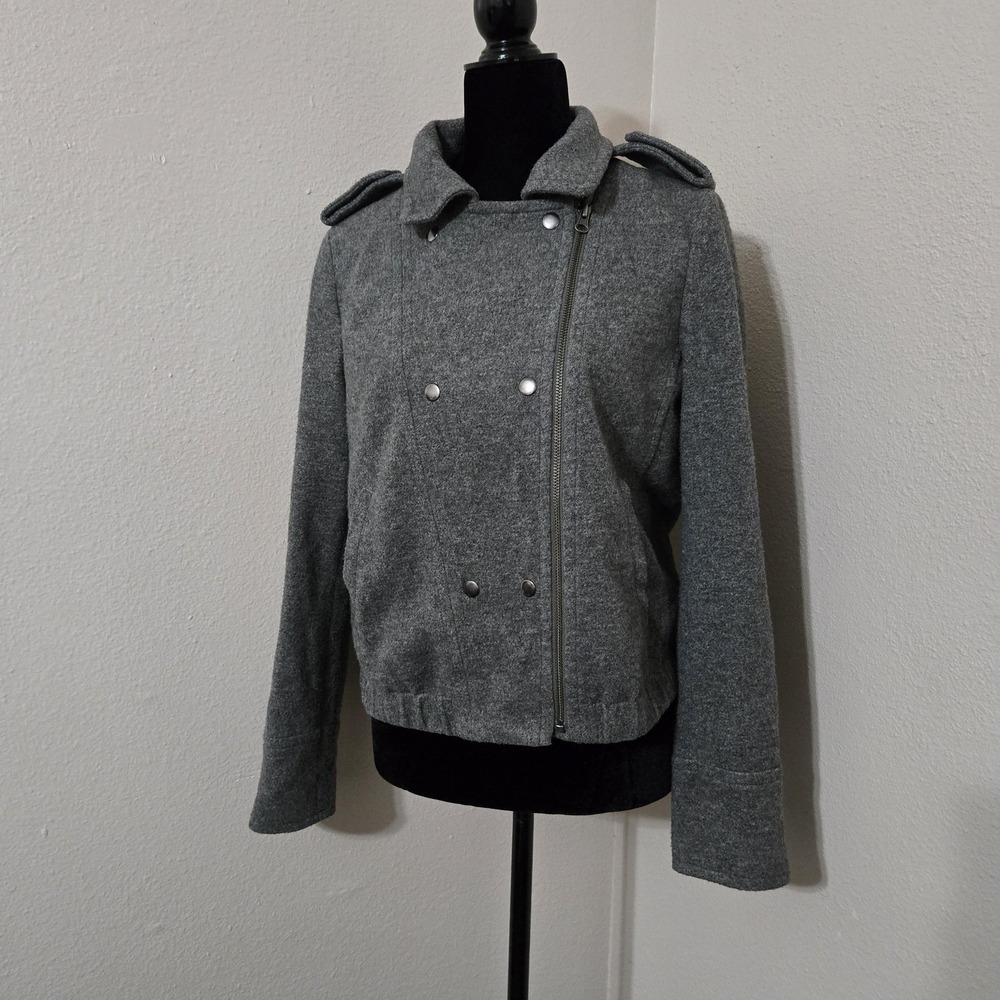 LOFT Jacket Womens M Gray Twill Bomber Zip Front Epaulet Pockets Lined Casual